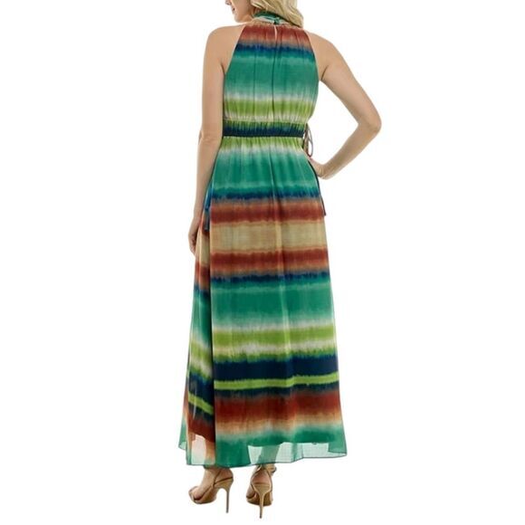 Taylor NWT Printed Chiffon Mock Neck Sleeveless Gathered Maxi Dress Rust Teal 6 - Picture 4 of 10